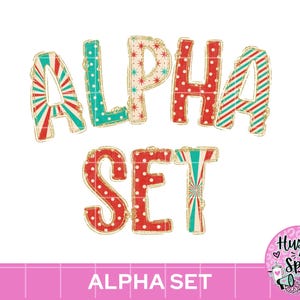 May include: A digital graphic featuring the text ALPHA SET in large, stylised letters. Each letter displays a unique pattern, including red and teal stripes, teal with white dots, beige with red starbursts, and red with white polka dots.