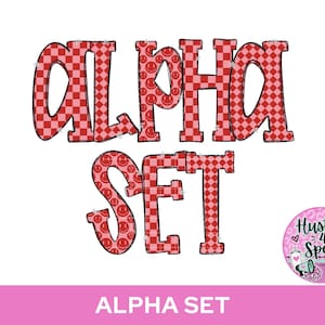 May include: A digital graphic featuring the words ALPHA SET in large, bold, red and pink checkered letters with a subtle smiley face pattern. A circular logo in the bottom right corner displays the text Hustle 4 Sports with a megaphone icon.