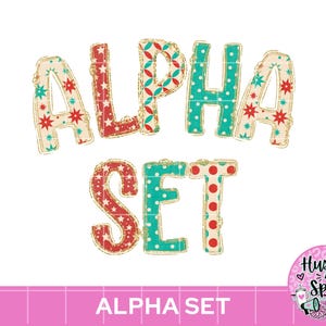 May include: A digital graphic featuring the text ALPHA SET in bold, block letters. The letters are filled with various patterns including red stars, teal geometric shapes, teal polka dots, and red polka dots, all outlined in a light tan colour.