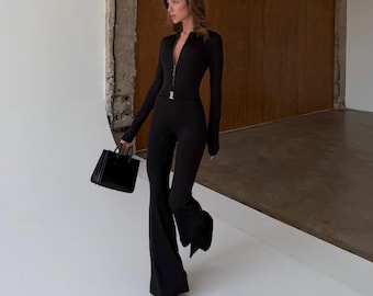 Mono elegante con cremallera – Conjunto de noche ajustado de manga larga y pantalón acampanado