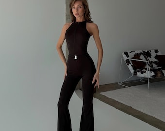 Flare Jumpsuit with Built-In Cups, Sculpting Fit, Belted Waist, Bootcut Romper, Body Shaping Jumpsuit, Multiple Colors