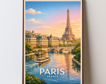 Paris Travel Poster Printable, Eiffel Tower Wall Art, Paris France Cityscape, Vintage Travel Print, Digital Download, Paris Home Decor