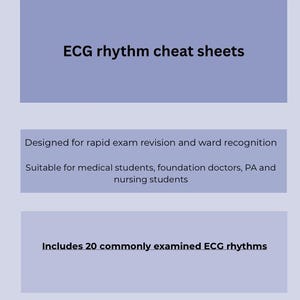 Peut inclure: Graphique violet clair avec le texte "ECG rhythm cheat sheets". Le texte ci-dessous indique "Conçu pour une révision rapide des examens et la reconnaissance des services". Convient aux étudiants en médecine, aux médecins de premier cycle, aux PA et aux étudiants en soins infirmiers.