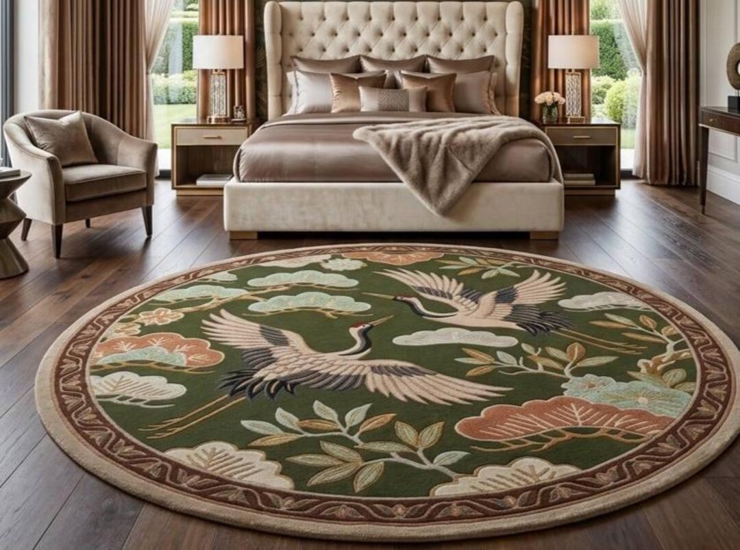 Hand-tufted Wool Area Rug – Japanese Crane, Pine Forest, Chinoiserie ...