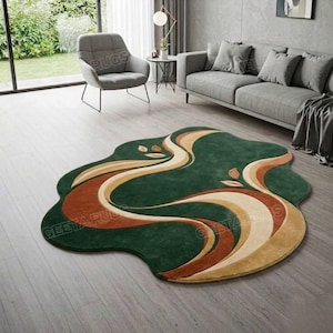 Custom Hand-Tufted Modern Abstract Green & Terracotta Swirl Area Rug | Unique Irregular Organic Shape Leaf Pattern Rug | Large Plush Carve