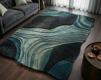 Alfombra de lana tejida a mano / Alfombra de arte en fibra color verde azulado intenso, menta y geoda.