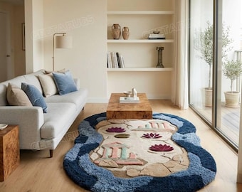 Alfombra de lana tejida a mano / Escena botánica de estanque de lotos de la Antigua Grecia, forma irregular