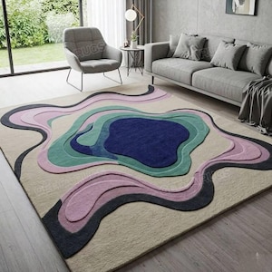 Hand-Tufted Wool Area Rug | Modern Abstract Green Terracotta Swirl Leaf Pattern