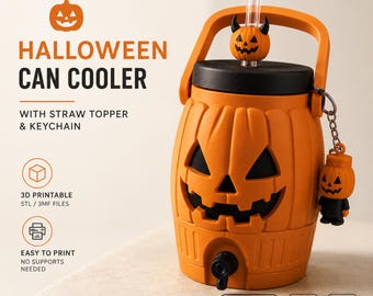 Portabevande termico a forma di zucca di Halloween, file per stampa 3D (STL/3MF), tappo per cannuccia, portachiavi