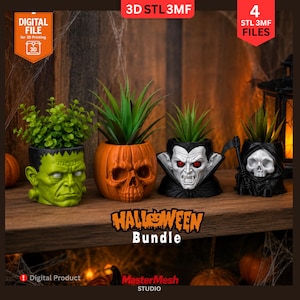 Halloween Skull Planter Bundle | Frankenstein, Vampire, Grim Reaper 3D Files (Digital Download)
