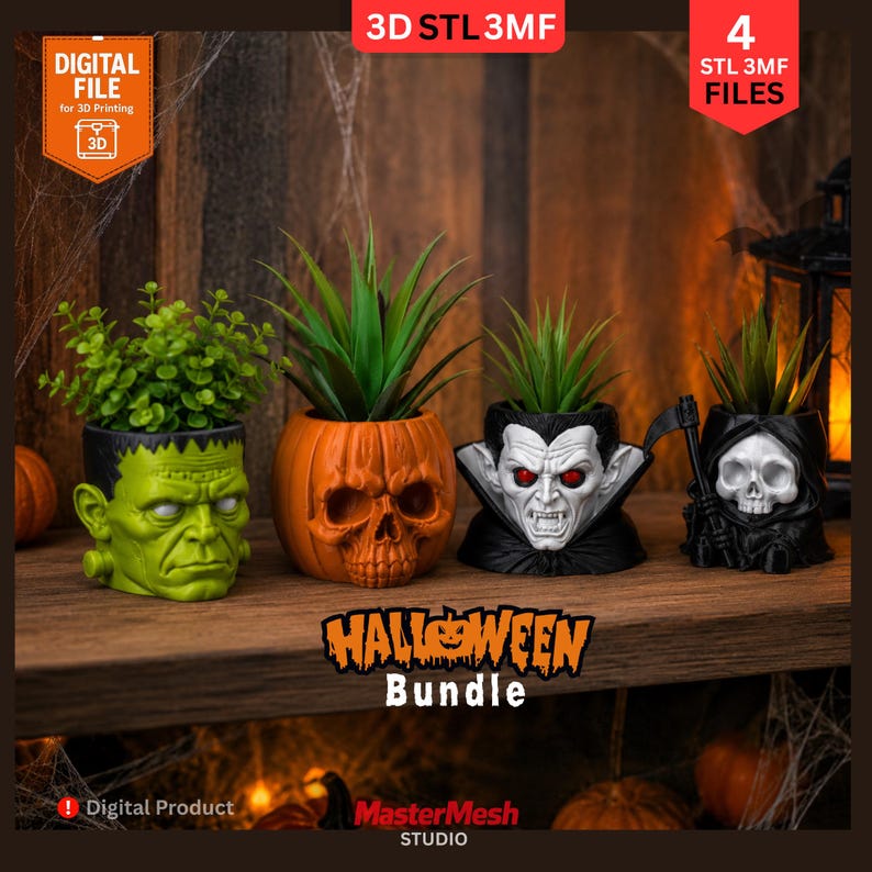 May include: A set of four Halloween-themed planters featuring a green monster, an orange pumpkin skull, a vampire with red eyes, and a hooded skull with a scythe. Each planter holds a small green plant. Text reads 3D STL 3MF, 4 STL 3MF FILES, and HALLOWEEN Bundle.