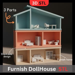 Puede incluir: Una casa de muñecas de tres pisos con un diseño apilable, con habitaciones amuebladas. La casa de muñecas tiene un techo azul, una sección media color melocotón y una base beige. El texto "3D STL" y "Furnish DollHouse STL" son visibles.
