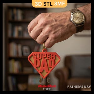 May include: A red and gold Super Dad keyring with two keys, held by a person. The keyring has the words "SUPER DAD" in a diamond shape. The image also includes the text "FATHER'S DAY" and "MasterMesh STUDIO".