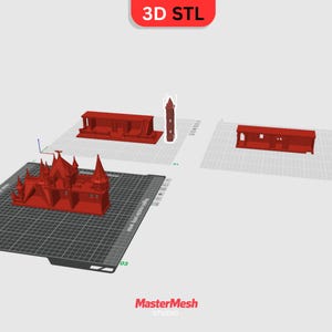 K&ouml;nnte beinhalten: Eine digitale 3D-STL-Datei-Anzeige mit roten Architekturmodellen auf einer Rasteroberfl&auml;che. Die Szene umfasst eine gro&szlig;e Burgstruktur, ein langes rechteckiges Geb&auml;ude, einen separaten Turm und einen weiteren Wandabschnitt mit dem Text 3D STL und MasterMesh STUDIO.