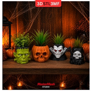 May include: Four decorative planters shaped like a green monster, an orange pumpkin skull, a vampire with red eyes, and a black-hooded grim reaper with a scythe. Each planter holds a small green plant. The text 3DSTL3MF is visible at the top.