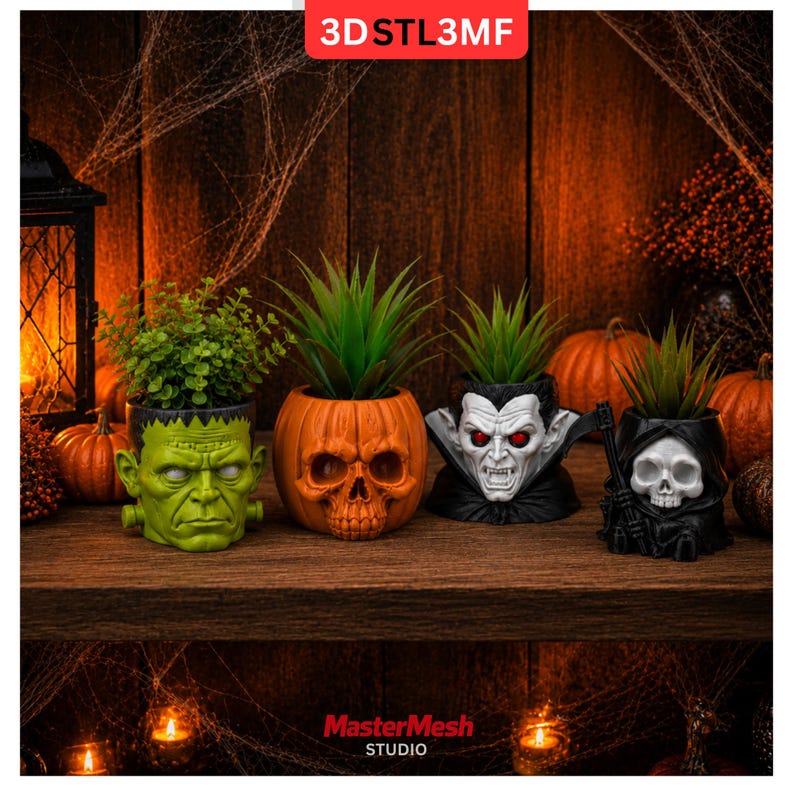 May include: Four decorative planters shaped like a green monster, an orange pumpkin skull, a vampire with red eyes, and a black-hooded grim reaper with a scythe. Each planter holds a small green plant. The text 3DSTL3MF is visible at the top.
