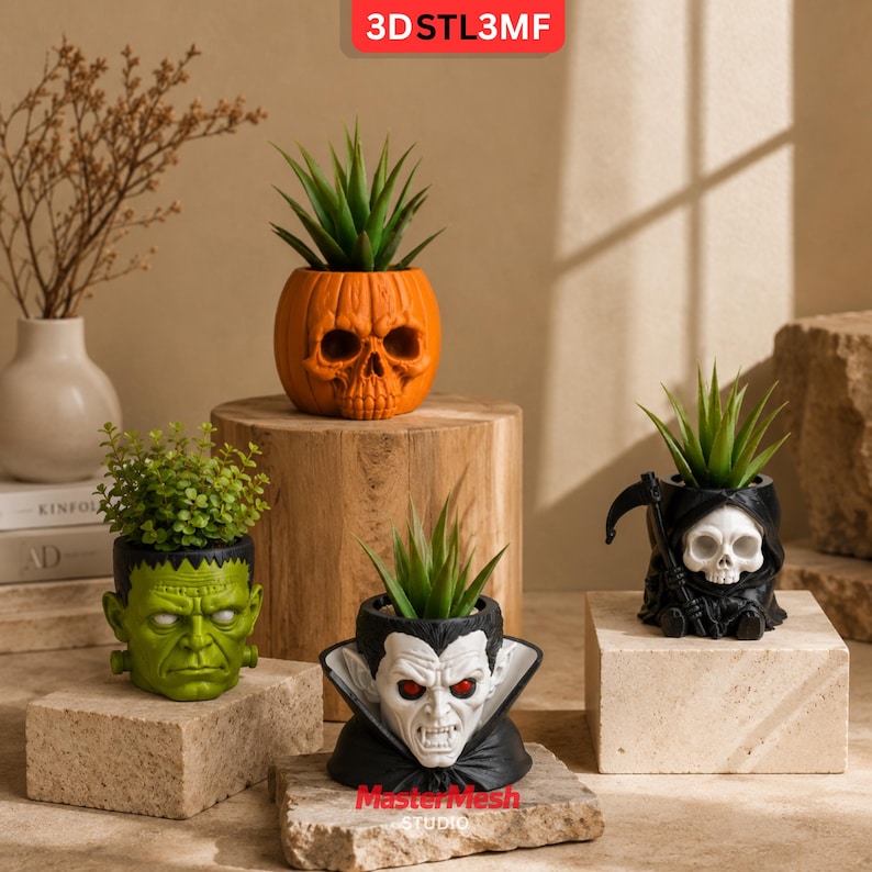 May include: Four decorative planters featuring character designs: an orange pumpkin skull, a green monster with bolts, a vampire with a high collar, and a black-robed grim reaper with a scythe, each containing a small green plant.