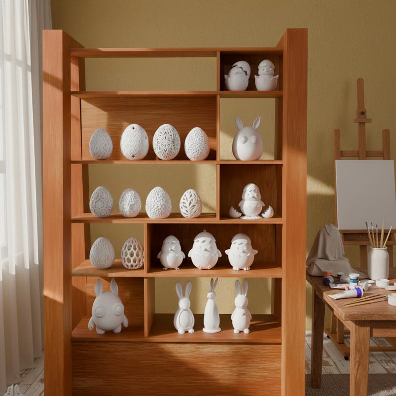May include: A wooden shelf displays an assortment of white ceramic Easter decorations. The collection includes intricately designed eggs, bunnies, chicks, and other Easter-themed figurines. The shelf is in a room with a window and an easel.