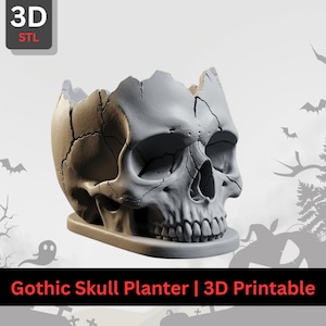 May include: A gray, 3D-printed skull planter with a cracked, weathered appearance. The skull has a rectangular base and a large opening at the top. The text "Gothic Skull Planter | 3D Printable" is displayed at the bottom.