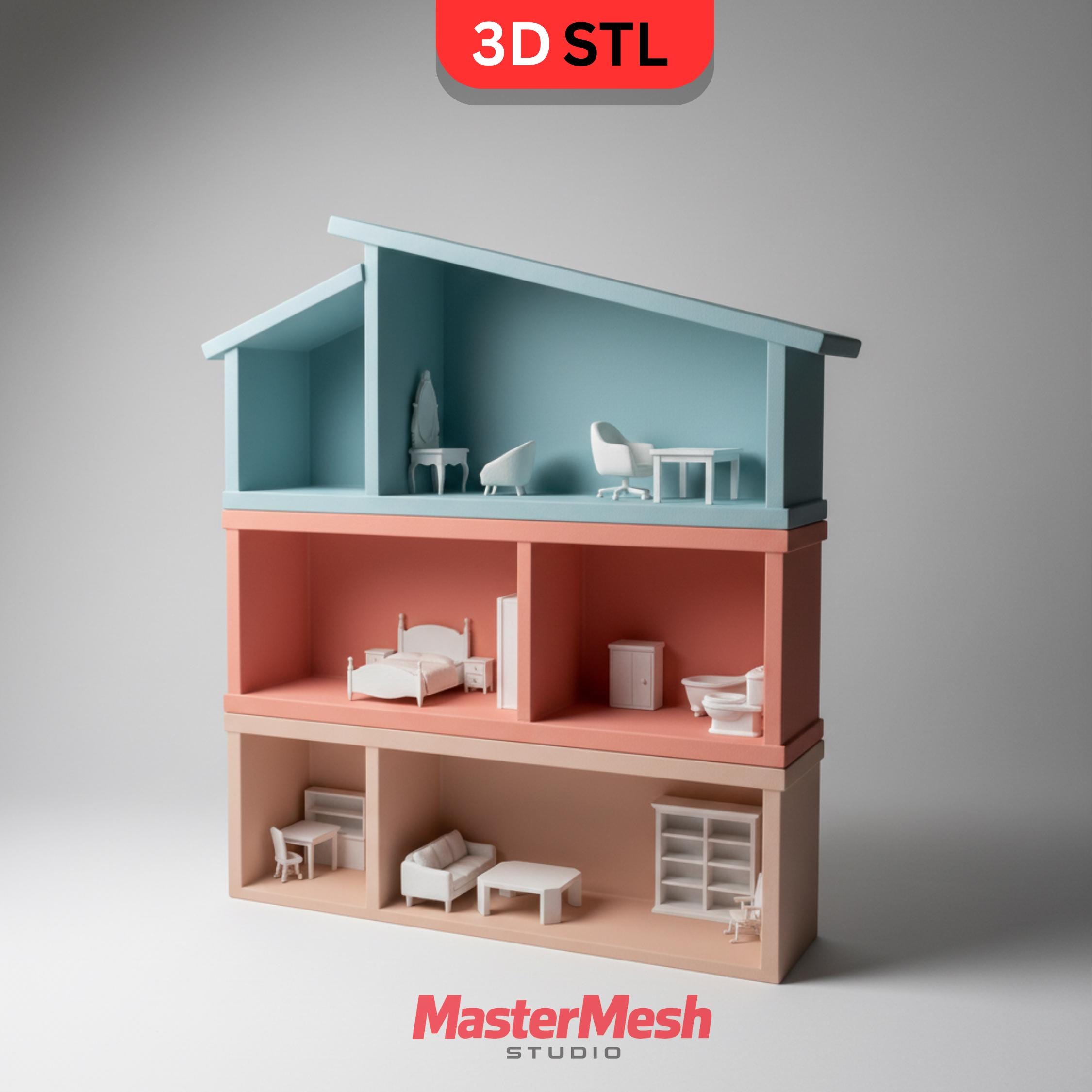 Miniatures Stackable Stl Modular Dollhouse STL – Stackable 3-part Miniature House (digital ...