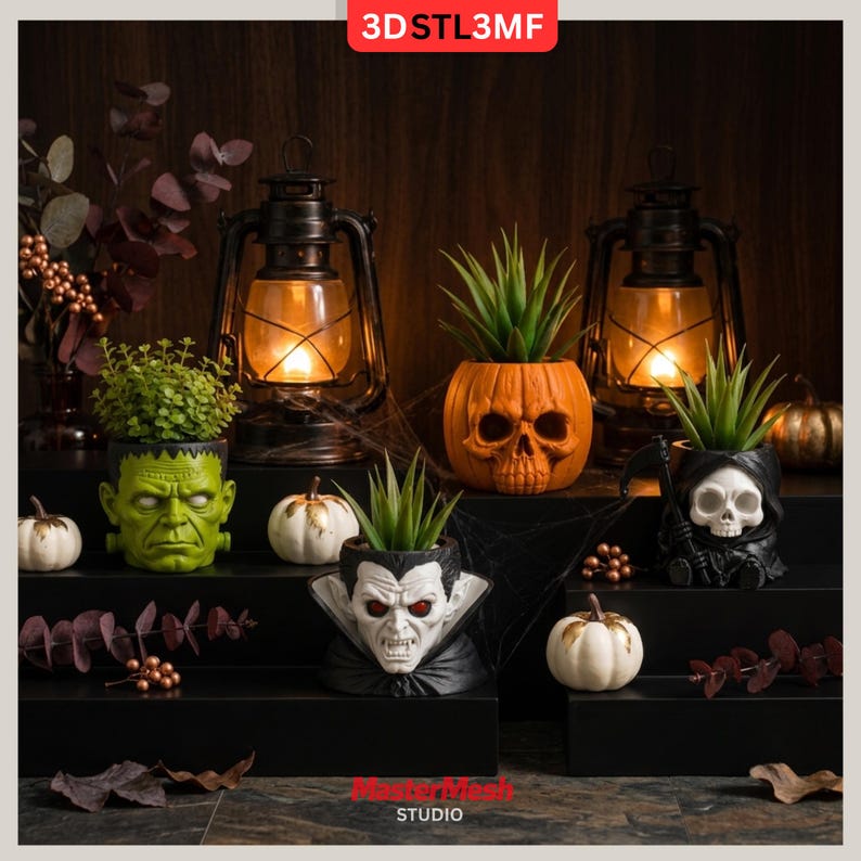 May include: A collection of four character-themed planters featuring a green monster, an orange skull, a vampire, and a grim reaper, each holding a small green plant. Two dark metal lanterns with glowing lights are positioned behind the planters.