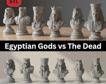 Egyptian Chess Set STL File | Gods vs Undead Skull Mummy 3D Print Chess Pieces