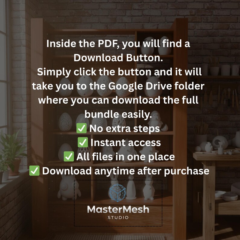 May include: A wooden cabinet with shelves displays various white ceramic sculptures. Text on the image explains how to download a digital bundle after purchase, highlighting instant access and ease of use. The MasterMesh Studio logo is at the bottom.