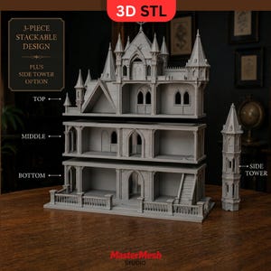 K&ouml;nnte beinhalten: Ein graues, 3D-gedrucktes, stapelbares Schlossmodell mit einem dreiteiligen Design aus Ober-, Mittel- und Unterteil sowie einem separaten Seitenturm. Die Struktur verf&uuml;gt &uuml;ber gotische B&ouml;gen, spitze D&auml;cher und ein Balkongel&auml;nder auf der Basisebene.