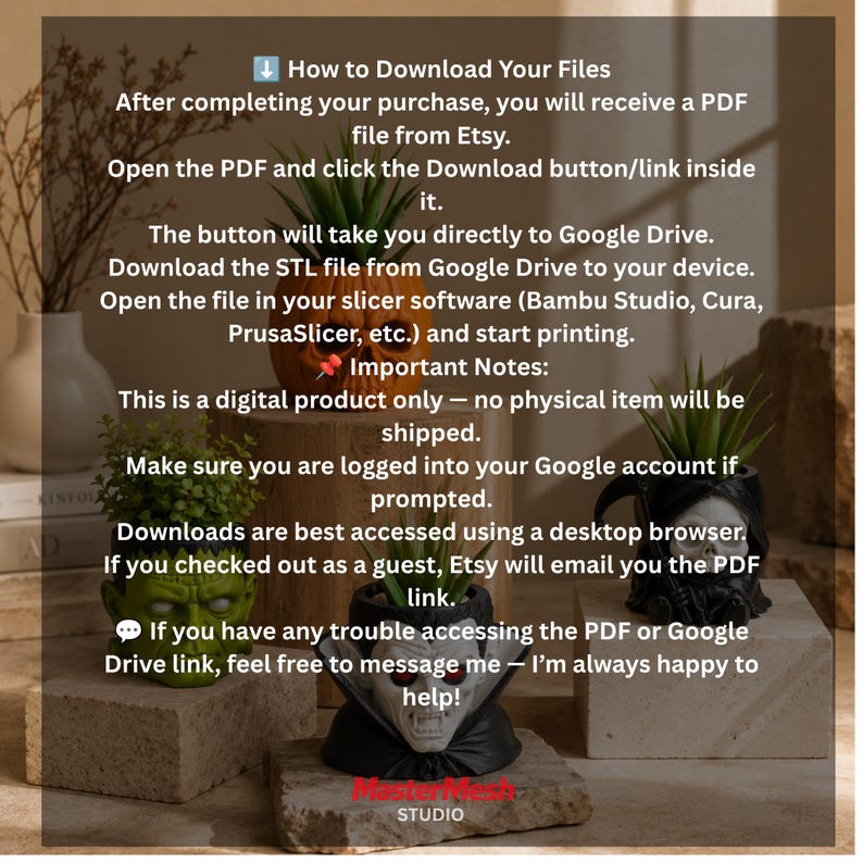 May include: A digital download instruction guide for 3D printable STL files featuring four character-themed planters: a green monster, a pumpkin, a vampire, and a grim reaper, each holding a small green plant on stone-like pedestals.