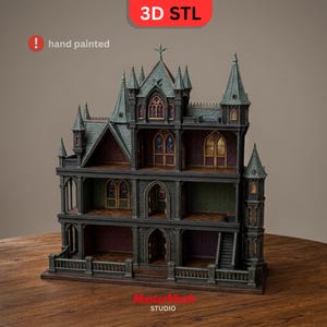 K&ouml;nnte beinhalten: Ein dreist&ouml;ckiges gotisches Puppenhaus mit dunkelgrauem &Auml;u&szlig;eren, gr&uuml;nlichem Dach und zahlreichen Bogenfenstern. Die Struktur weist komplexe architektonische Details auf, darunter T&uuml;rme und Balkone. Der Text auf dem Bild lautet 3D STL und hand painted.