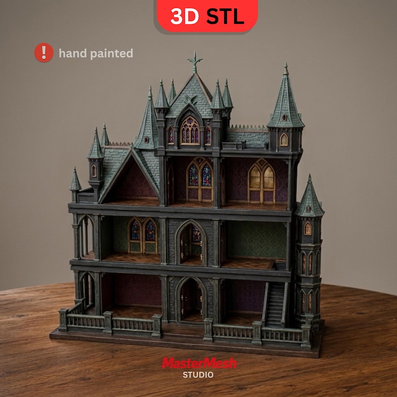 K&ouml;nnte beinhalten: Ein dreist&ouml;ckiges gotisches Puppenhaus mit dunkelgrauem &Auml;u&szlig;eren, gr&uuml;nlichem Dach und zahlreichen Bogenfenstern. Die Struktur weist komplexe architektonische Details auf, darunter T&uuml;rme und Balkone. Der Text auf dem Bild lautet 3D STL und hand painted.