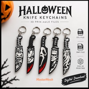May include: Five black and white knife keychains featuring Halloween designs including a pumpkin, a doll face, a ghost mask, a monster face, and a ghost. The text reads HALLOWEEN KNIFE KEYCHAINS 3D PRINTABLE FILES, STL FILE, 3MF FILE, and Digital Download.