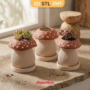 May include: Three mushroom-shaped planters with plants. The planters are beige with brown caps dotted with white spots. Each planter sits on a matching saucer. The text "SHUTTERPOT" is visible on the saucers. The image also includes the text "3D STL 3MF" and "MasterMesh STUDIO".