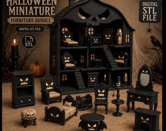 May include: A black Halloween miniature furniture bundle featuring a dollhouse with a skull-shaped roof and various pieces including a bed, chairs, a vanity, and a fireplace. Each item displays glowing jack-o'-lantern faces. Text reads: HALLOWEEN MINIATURE FURNITURE BUNDLE DIGITAL STL FILE.