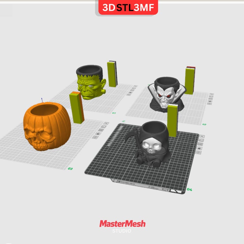 May include: Four 3D printed planters featuring horror-themed characters: a green Frankenstein monster, a black and white vampire, an orange pumpkin skull, and a black grim reaper holding a scythe. The text 3DSTL3MF and MasterMesh STUDIO is visible.