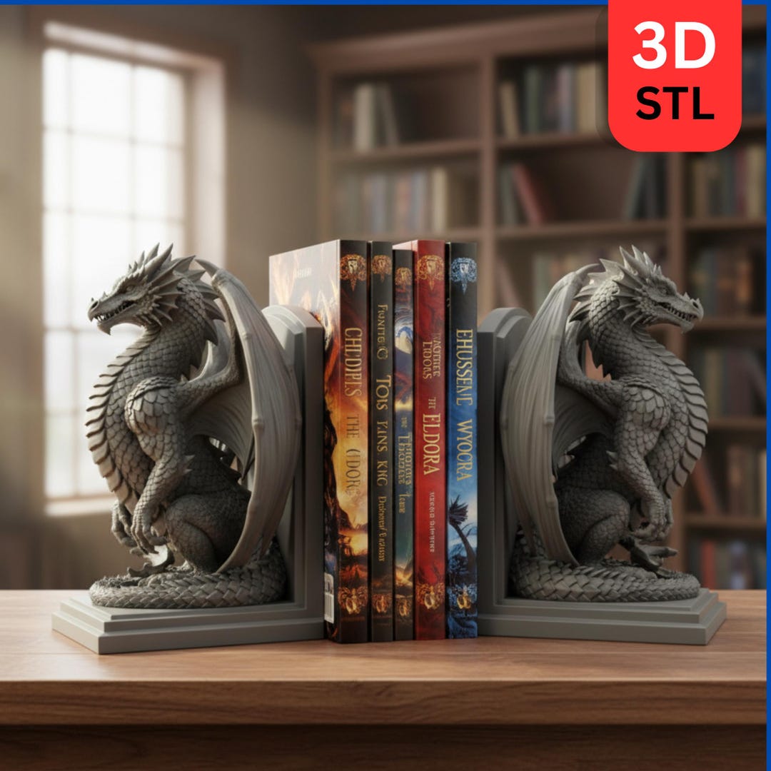 3D Printable Dragon Bookends STL File | Fantasy Shelf Decor (digital ...