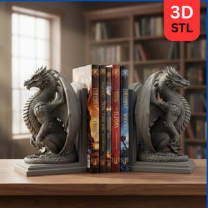 May include: A pair of gray dragon bookends flanking a row of books on a wooden surface. The dragon sculptures have detailed wings and scales. The books have colorful covers with titles like "Childies the (Idor)" and "Ehusene Wyocra". The image also includes the text "3D STL".