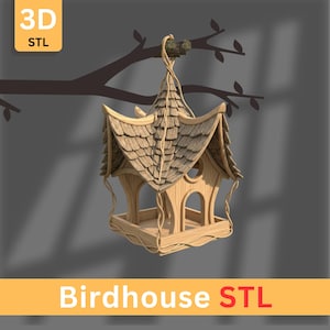 May include: A wooden birdhouse with a shingled roof and arched openings, suspended from a tree branch. The birdhouse has a natural wood colour and is labelled "Birdhouse STL" in orange text.
