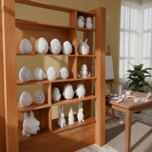 May include: A wooden bookshelf displays an assortment of white ceramic Easter eggs and figurines. The collection includes various egg designs, rabbits, and other whimsical characters, perfect for Easter decor.