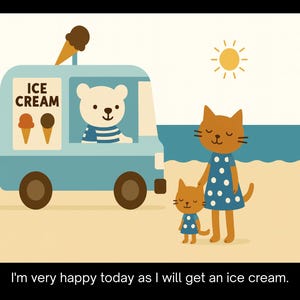 Puede incluir: Ilustración de un camión de helados con un oso conductor y el texto "ICE CREAM". Dos gatos con vestidos azules están en la playa bajo el sol. El texto dice: "Estoy muy feliz hoy porque voy a tomar un helado."