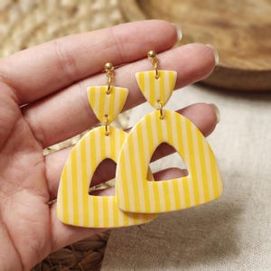 Yellow Striped Triangular Earrings, Lightweight Design, Handmade Clay Jewelry
