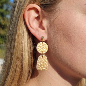 Hammered Gold Dangle Earrings, Rectangle Polymer Clay Drops