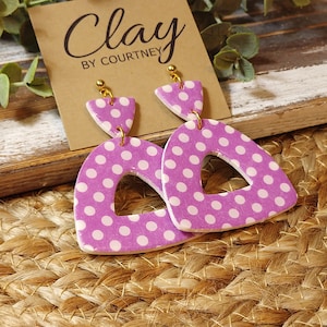 Purple Polka Dot Triangular Earrings, Lightweight Design, Handmade Clay Jewelry