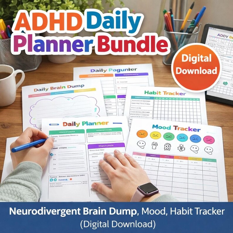 ADHD Daily Planner Bundle | Neurodivergent Brain Dump, Mood, Habit ...