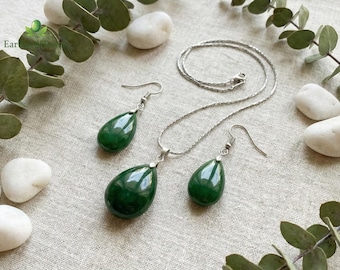 Authentic Green Jade Teardrop Earrings & Jade Pendant – Natural Jade Earrings Jewelry Gift