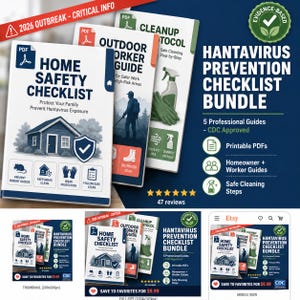 May include: A Hantavirus Prevention Checklist Bundle featuring five printable PDF guides. The cover displays a house illustration, a worker silhouette, and cleaning supplies. Text includes 2026 OUTBREAK - CRITICAL INFO and CDC APPROVED.