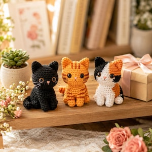 Può includere: Tre figurine di gatto all'uncinetto, nere, arancioni tigrate e calico, sono appoggiate su una mensola di legno. Ogni gatto ha dettagli, tra cui occhi a bottone e baffi. La mensola è decorata con fiori e una piccola pianta succulenta.