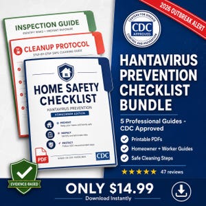 May include: A Hantavirus Prevention Checklist Bundle featuring three stacked document covers labeled Inspection Guide, Cleanup Protocol, and Home Safety Checklist. The blue promotional graphic includes the text 2026 Outbreak Alert, CDC Approved, and 5 Professional Guides.