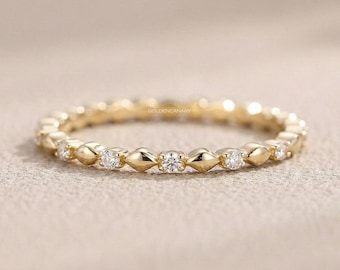 ヴィンテージ モアッサナイトゴールド 結婚指輪 14Kゴールド フルエタニティリング ダイヤモンド スタッカブルバンド イエローゴールドリング マッチングリング 結婚指輪