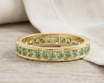 Princess Cut Green Peridot Eternity Band in 14K Gold, Channel Set Square Green Gemstone Wedding Ring, Full Eternity Stacking Ring for Her